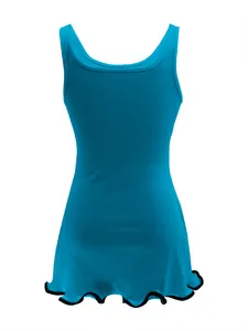 Detailed view of blue ribbed sleeveless dress with black contrast lettuce edge hem