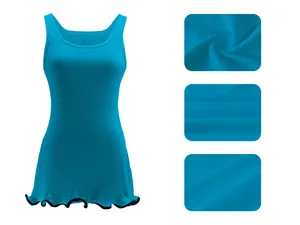 Macro view of blue ribbed fabric on a sleeveless tank dress with wavy hem