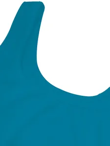 Close-up detail showing the teal ribbed fabric texture and neckline on a summer dress