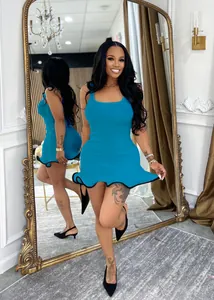 Detailed view of blue sleeveless ribbed mini dress with black wavy scalloped hem detail