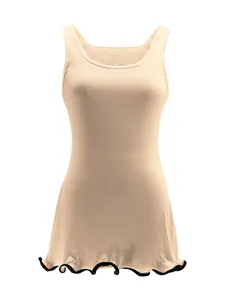 Detailed view of the wavy ruffled hem with black trim on a slim fit beige tank dress