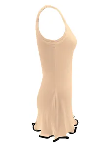 Detailed side view of a beige ribbed sleeveless mini tank dress with black wavy hemline