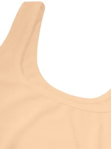Close-up of ribbed texture and neckline on beige sleeveless slim fit tank dress