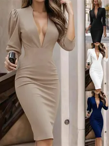 Women Slim Fit V Neck Lantern Sleeve Midi Dress Elegant Solid Color Autumn Winter Knit Bodycon Pencil Dress