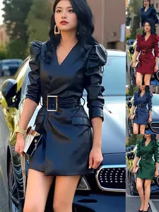 Women Deep V Neck Puff Sleeve Faux Leather Mini Dress Fashion Slim Fit Long Sleeve Belted PU Leather Dress For Party Office