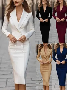 Robe Blazer Élégante à Double Boutonnage pour Femmes Manches Longues Robe Midi Formelle de Bureau Coupe Ajustée Polyester