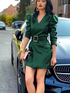 Elegant dark green faux leather V-neck mini dress with puff sleeves and matching belt accessory.