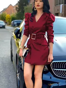 Chic wine red V-neck puff sleeve faux leather dress with waist belt