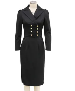 Elegantes schwarzes zweireihiges Midikleid mit hohen Taillen, Goldknöpfen und Reverskragen