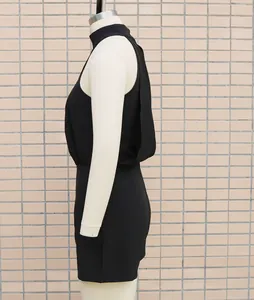 A detailed side profile of a black mock neck sleeveless jumpsuit romper for women
