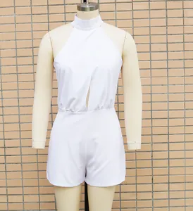 White sleeveless high-neck romper jumpsuit for women shown on a garment mannequin