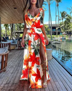 Tropical floral print two-piece set featuring high-slit maxi skirt and matching vest top