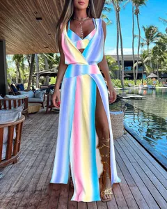 Colorful rainbow gradient two-piece beach set with high slit maxi dress and bikini top