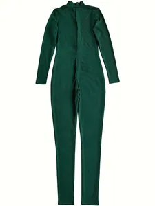 Rear view of dark green ribbed knit long-sleeve jumpsuit with back zipper.