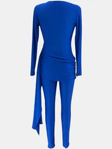 Elegant royal blue long-sleeved tight jumpsuit showing detailed back draped waistline
