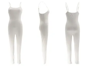Detailed multi-angle views of women's white ribbed sleeveless backless long jumpsuit