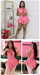 Detailed views of a pink sleeveless button-up romper with ruffled hem in lifestyle settings.