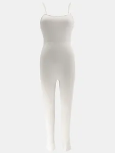 Detailed view of a white ribbed spaghetti strap jumpsuit with a slim-fit design.