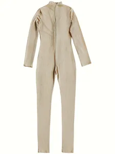 Back view detail of women's ribbed athletic jumpsuit featuring a hidden zipper