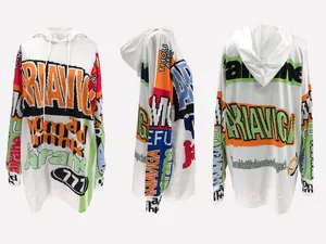 Oversized white hooded dress with colorful pixelated letter prints shown from multiple angles