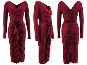 Close-up detail of burgundy V-neck ruched midi dress with rose floral waist design