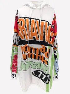 Detailed view of an oversized white hoodie with vibrant pixelated letter print graphics.
