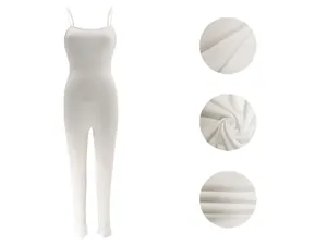 Close-up detail view of a white ribbed knit sleeveless bodysuit jumpsuit for women