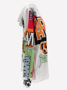 Women's oversized hoodie dress featuring colorful pixelated letter graphic prints