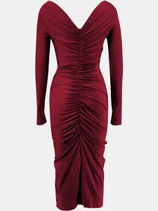 Detailed back view of an elegant wine red long-sleeved ruched bodycon dress with V-neckline