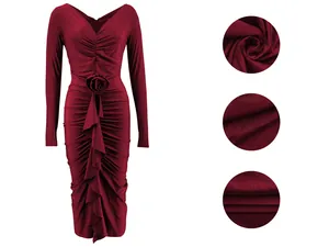 Detail view of burgundy ruched bodycon dress featuring elegant waist rose flower design