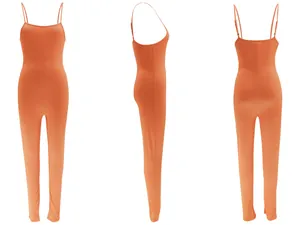 Detailed three-view of orange backless spaghetti strap slim fit jumpsuit for women