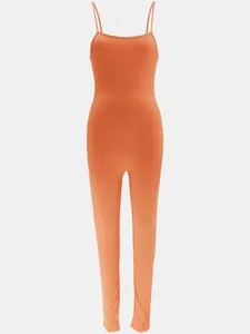 Front view of stylish orange ribbed bodycon backless spaghetti strap jumpsuit for women