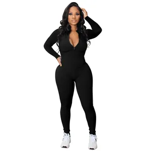Elegant black ribbed knit long sleeve sports jumpsuit with front zipper for women