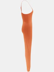 Detailed side view of an orange ribbed long bodycon jumpsuit with cami straps