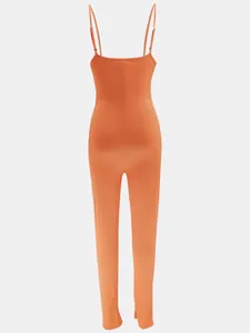 Detailed back view of orange ribbed backless camisole jumpsuit for women's fashion