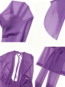 Detailansichten des lila Netzstoffs und des tiefen V-Ausschnitts für Partydresses
