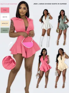 Women Sleeveless Button Lapel Ruffle Hem Romper Jumpsuit Polyester Slim Fit Casual Summer Dress Style Fashion One Piece