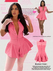 Stunning Barbie pink sleeveless button-down romper with flared ruffled hem and lapel collar