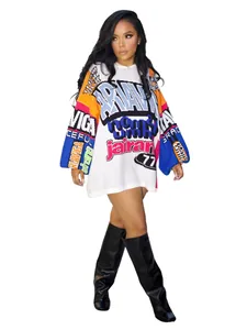 Full-body detail view of oversized colorful letter print hoodie dress for women