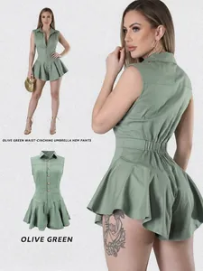 Stylish olive green sleeveless button-down romper featuring a waist-cinching ruffle hem.