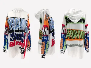 Three-view detail of an oversized white hoodie dress with colorful pixelated letter prints