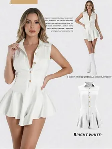 Elegant white sleeveless lapel jumpsuit featuring gold buttons and a ruffled umbrella hem