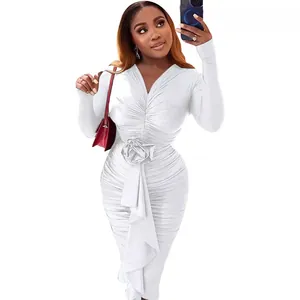 Elegant white long sleeve V-neck bodycon dress featuring 3D rose waist detail for women