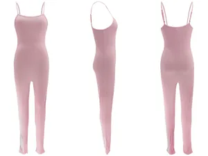 Pink ribbed bodycon jumpsuit with spaghetti straps showing front, side, and back views