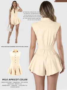 Elegant women's sleeveless milk apricot romper featuring gold buttons and a playful ruffled hem