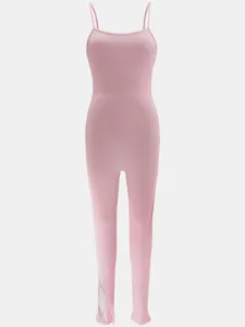 Front view of a pink ribbed spaghetti strap one-piece bodysuit jumpsuit for women