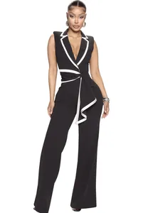 Elegante schwarz-weiße ärmellose Jumpsuit mit V-Ausschnitt und weitem Bein