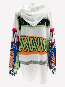 Back view of oversized white hoodie dress with vibrant colorful pixelated letter prints