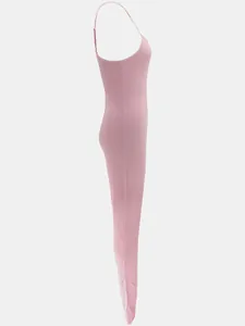 Side view of pink ribbed backless bodycon jumpsuit showing fabric texture and slim fit