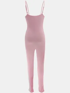 Slim fit pink ribbed long jumpsuit with thin spaghetti straps and backless detail